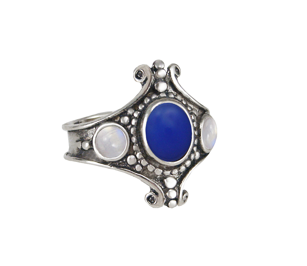 Sterling Silver Imperial Ring With Blue Onyx And Rainbow Moonstone Size 10